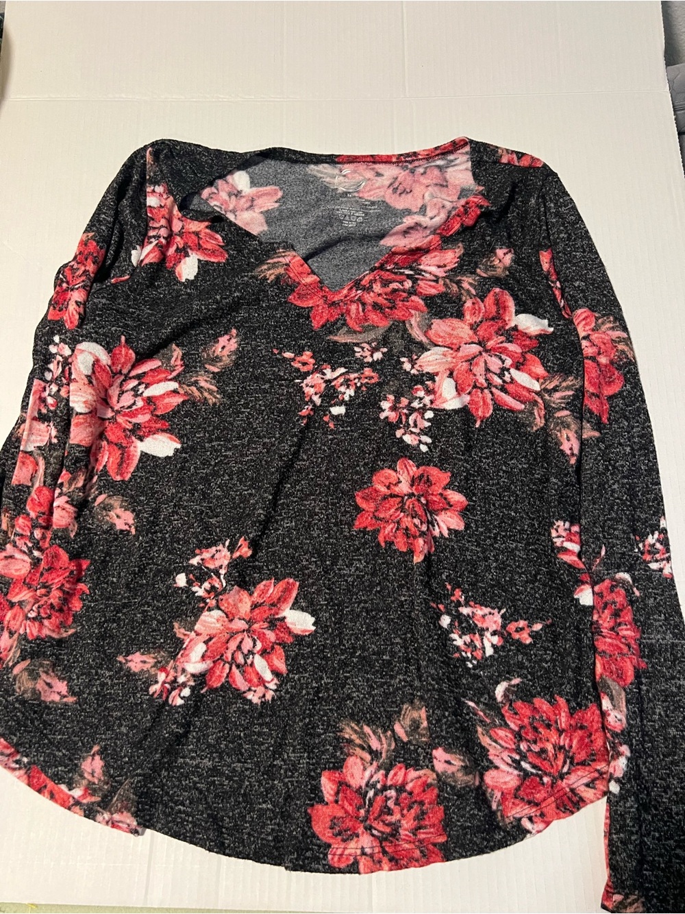 Maurices Black Long-Sleeve V-Neck Top with Red Floral Print